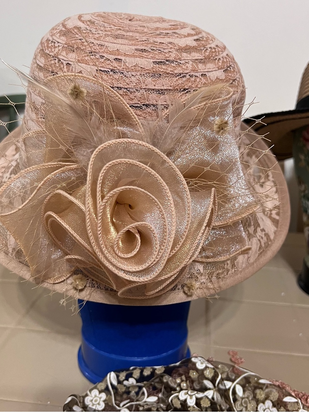 Women's Lace Trim Cloche Hat in Blush